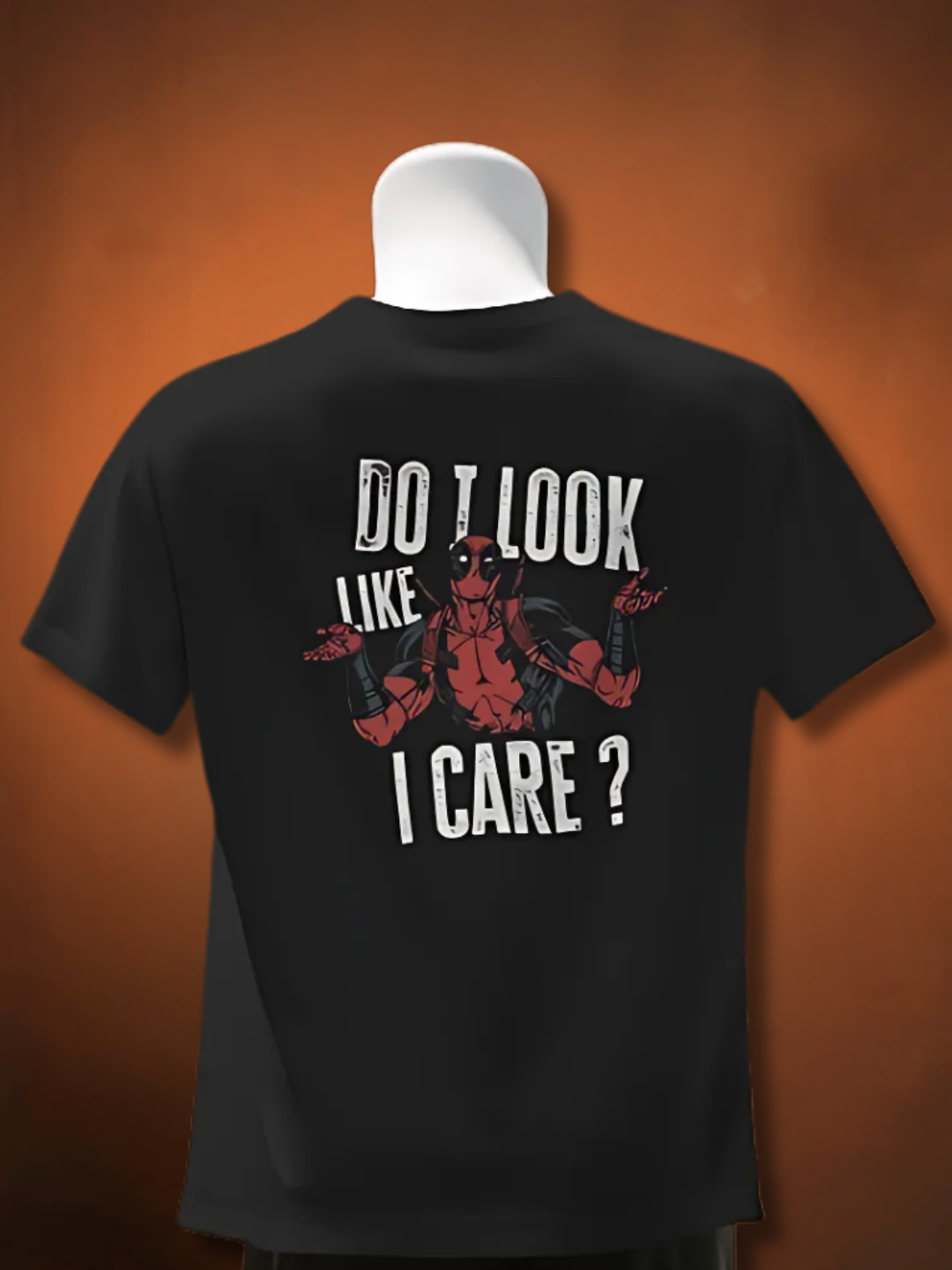 Black T-Shirt with Deadpool Print – “Do I Look Like I Care?”